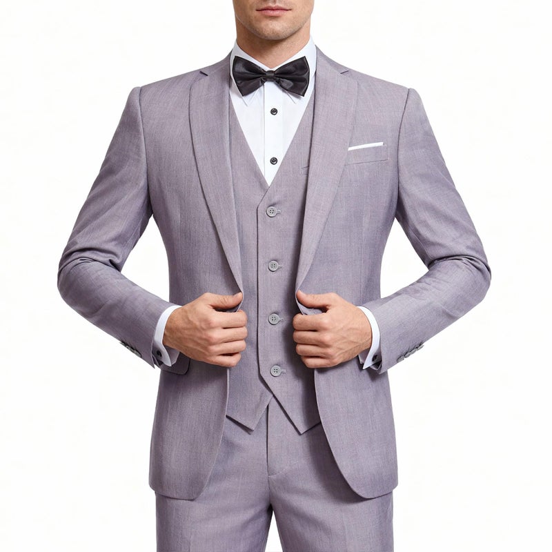 YFFUSHI Men's Slim Fit 3 Piece Suit One Button Blazer Tux Vest & Trousers, Light Grey, Medium - Image 1
